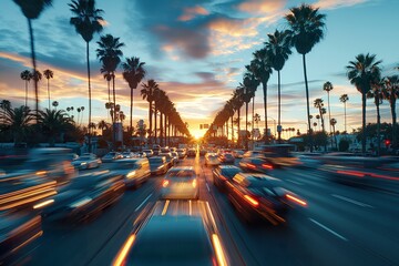 Colorful sunset over a busy Los Angeles street lined with palm trees and moving cars creating a dynamic urban atmosphere