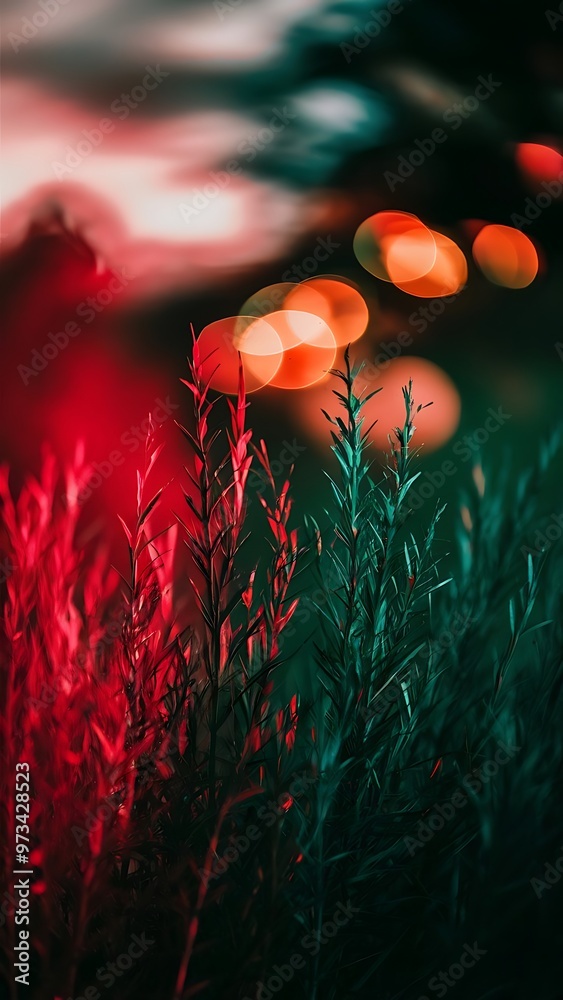 Wall mural Blurred abstract background, bokeh. Red and green natural defocus lights.