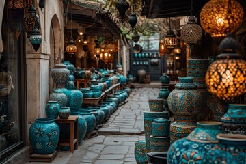Colorful ceramic pottery displayed in a narrow market street filled with intricate lanterns during twilight hours