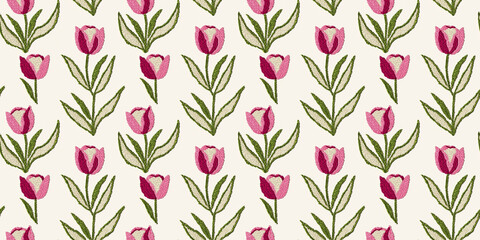 seamless minimalistic embroidery pattern of tulips, each with three pink petals and a few leaves, on a plain cream fabric