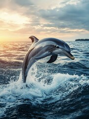 Fototapeta premium A Striped Dolphin Leaping Out of the Ocean at Sunset