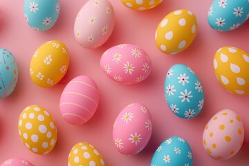 Colorful Easter eggs arranged on a vibrant pink background, celebrating spring and festive décor