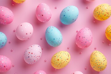 Colorful Easter egg decorations on a vibrant pink background suitable for festive celebrations and spring festivities
