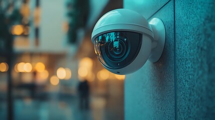 Security Camera on a Wall in a City at Night. Surveillance and Crime Prevention