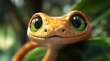 Obraz premium Funny cute snake with big green eyes 