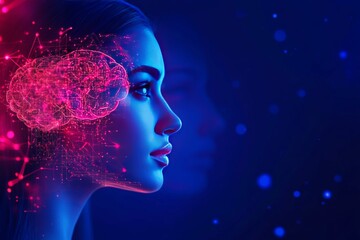 Cyberneural synapse optimization cortical implant cognitive fusion and cognitive expansion woman and ai brain facing each other in a vibrant conceptual tech environment