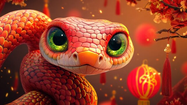Funny cute snake with big green eyes on new year background, chinese style - Powered by Adobe