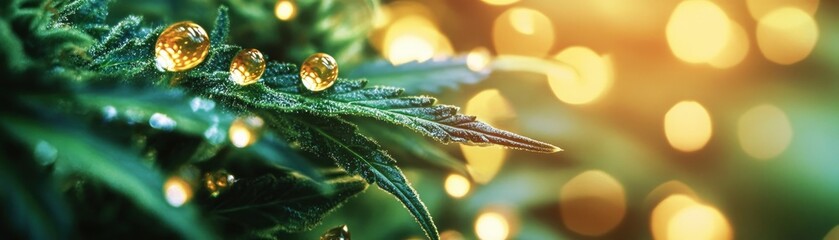 Naklejka premium Lush cannabis background with several small amber-colored e liquid juice drops on it