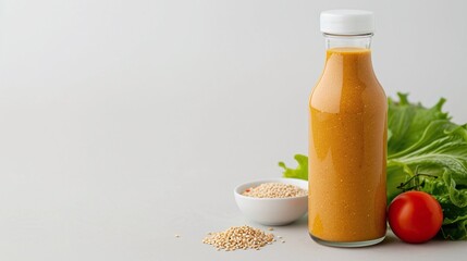  Bottle of orange quinoa sauce with fresh lettuce and cherry tomato on a white background. Perfect for healthy food branding, recipe websites, banners, and social media posts with copy space for text 