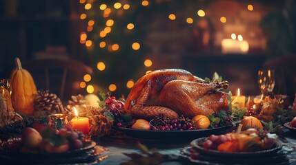 Thanksgiving dinner table with roasted turkey and decorations, space for text
