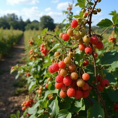 Obraz premium Ripe gooseberries on bushes in summer sunlight