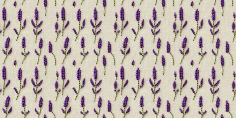 seamless minimalistic embroidery pattern of small soft purple lavenders, on a plain ivory fabric