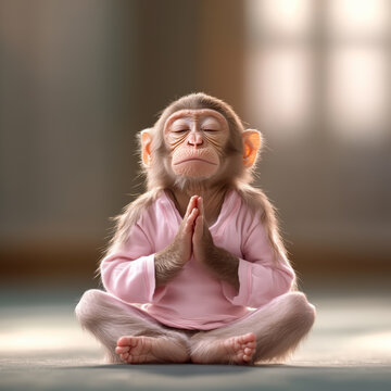 Young monkey practicing meditation indoors during daylight hours