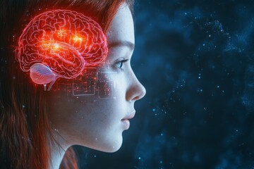 Neural enhancement cyberneural neural latency neurofeedback and neurofeedback womans glowing neural brain displayed in a conceptual digital environment