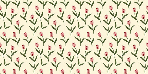 seamless minimalistic embroidery pattern of small tulips, on a plain light yellow fabric