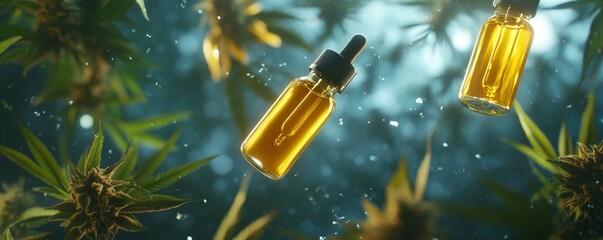 Vape e liquid juice small bottles with no labels floating on the cannabis background