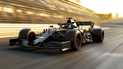 A black race car is speeding down a track. The car is surrounded by a crowd of people watching the race. Scene is exciting and intense, as the car is going at a high speed