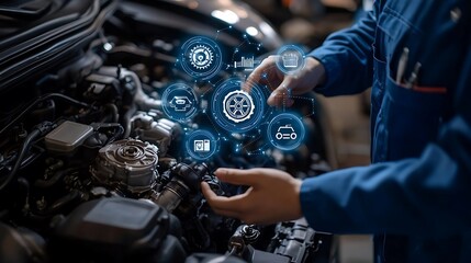 Fototapeta premium Mechanic examining a car engine with futuristic holographic icons. Concept of car service, repair, maintenance, diagnostics, and technology