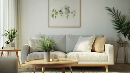 A cozy living room with a Scandinavian-inspired design, featuring a light gray sofa, wooden coffee table, and minimalist decor