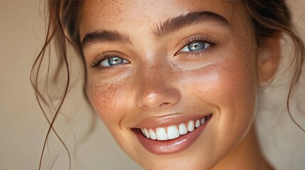 Close-up Portrait of a Young Woman with Freckles Smiling