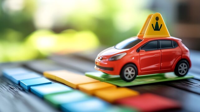 Red toy car with beginner driver sign on wooden blocks