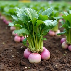 Fototapeta premium Fresh turnips growing in a vibrant vegetable garden