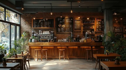 Modern Coffee Shop Interior with Brick Wall and Wooden Bar