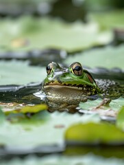 Close-up of a green frog with prominent eyes, partially submerged in water with lily pads