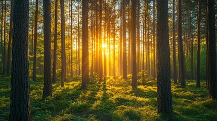 Sunbeams Streaming Through a Dense Forest at Sunset