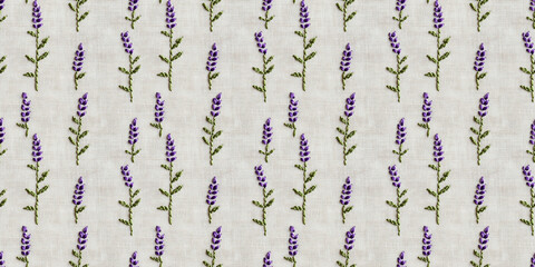 seamless minimalistic embroidery pattern of small soft purple lavenders, on a plain ivory fabric