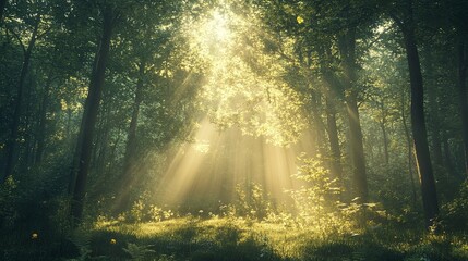 Obraz premium Sunbeams Illuminating a Misty Forest Clearing