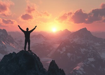 man standing on top of a mountain with his arms raised with a sunrise