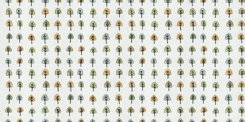 seamless minimalistic embroidery pattern of small trees, on a plain white linen