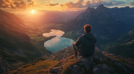 Fototapeta premium man in a hoodie sits on a mountain top looking on sunset