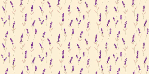 seamless minimalistic embroidery pattern of small soft purple lavenders, on a plain light yellow fabric