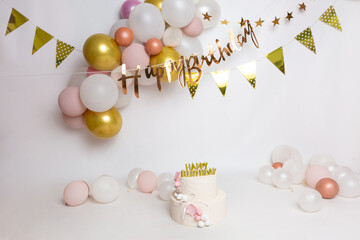 Happy Birthday balloon banner. festive big cake