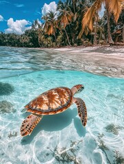 Sea Turtle Swimming in Tropical Waters Near Palm Trees