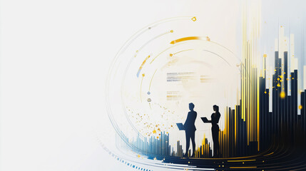 Abstract business team work stands on the peak of success amid tall, innovative Smart city and graphs with statistics to analyze business potential and predict future developments in company growth.