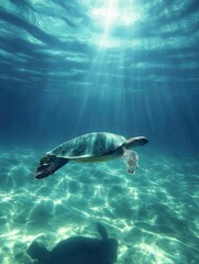 Obraz premium Sea Turtle Swimming Through Sunlight in the Ocean