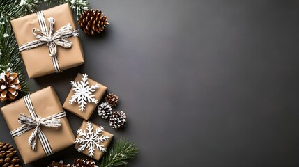 Christmas Gift Boxes with Pine Branches & Snowflakes
