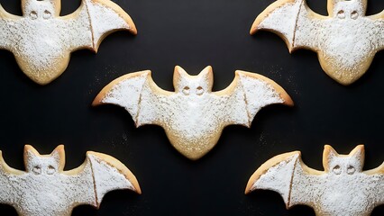 Fototapeta premium Top view of halloween bat cookies isolated on black background