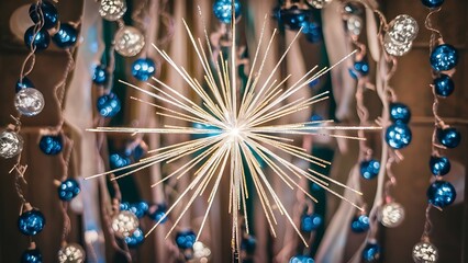 Glitter vintage lights background with light burst . silver, blue and white. de-focused.