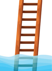 Wooden ladder partially submerged in blue water, representing concepts such as flood, rescue, and escape