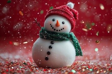 Fototapeta premium A traditional real snowman with a green scarf and a red hat on a red solid color background with flying red gold and green metallic confetti 