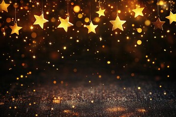 Obraz premium Golden stars hanging with glowing lights and sparkles on festive dark background