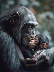A mother chimpanzee cradles her infant in her arms.