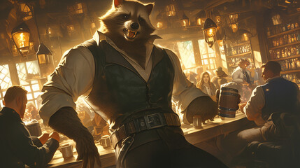 raccoon beastfolk smiling widely while leaning on a tavern table holding a large mug amidst a lively and warm gathering of patrons