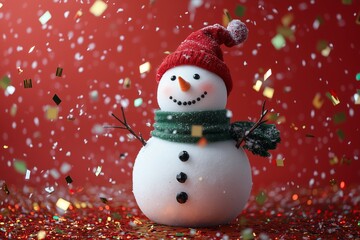 Fototapeta premium A traditional real snowman with a green scarf and a red hat on a red solid color background with flying red gold and green metallic confetti 