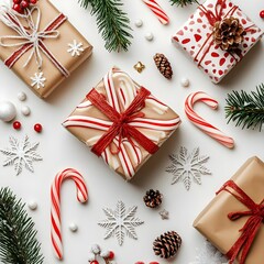 Obraz premium Festive Christmas Gift Wrapping Flat Lay with Candy Canes