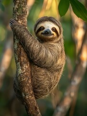 Fototapeta premium A Sloth Hanging Upside Down On a Tree Branch
